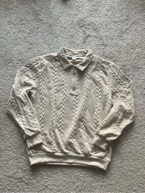 Men's Beige Cable Knit Texture Quarter Zip Pullover Sweatshirt Size M